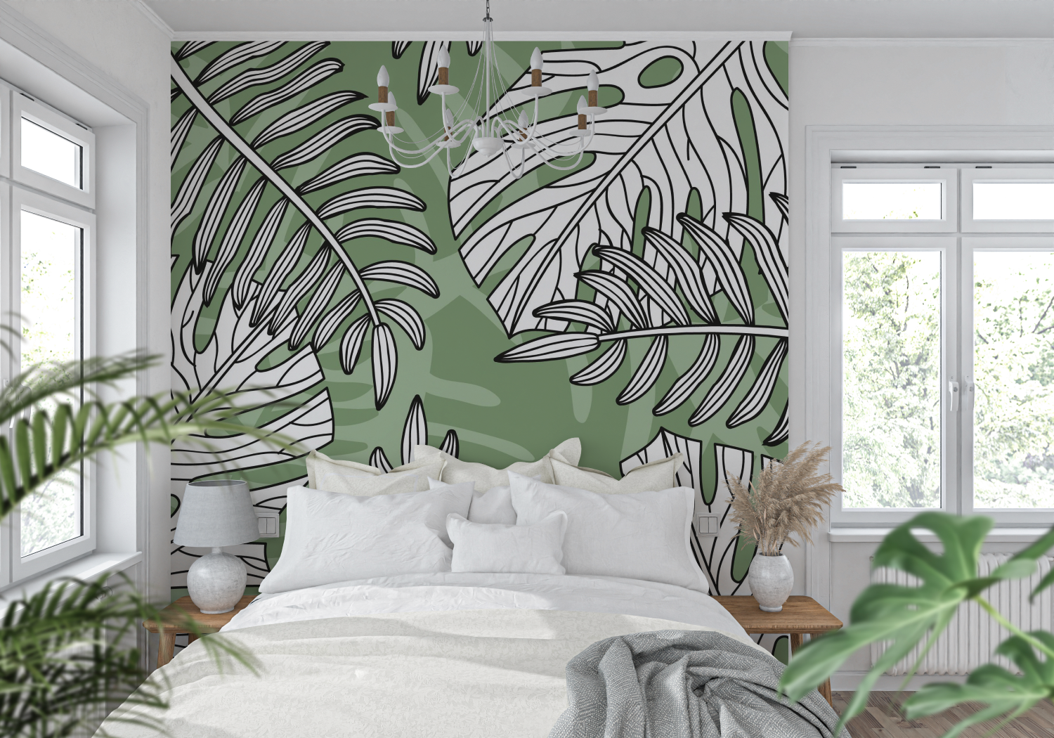 Papier Peint Jungle Vert Et Blanc - 4murs