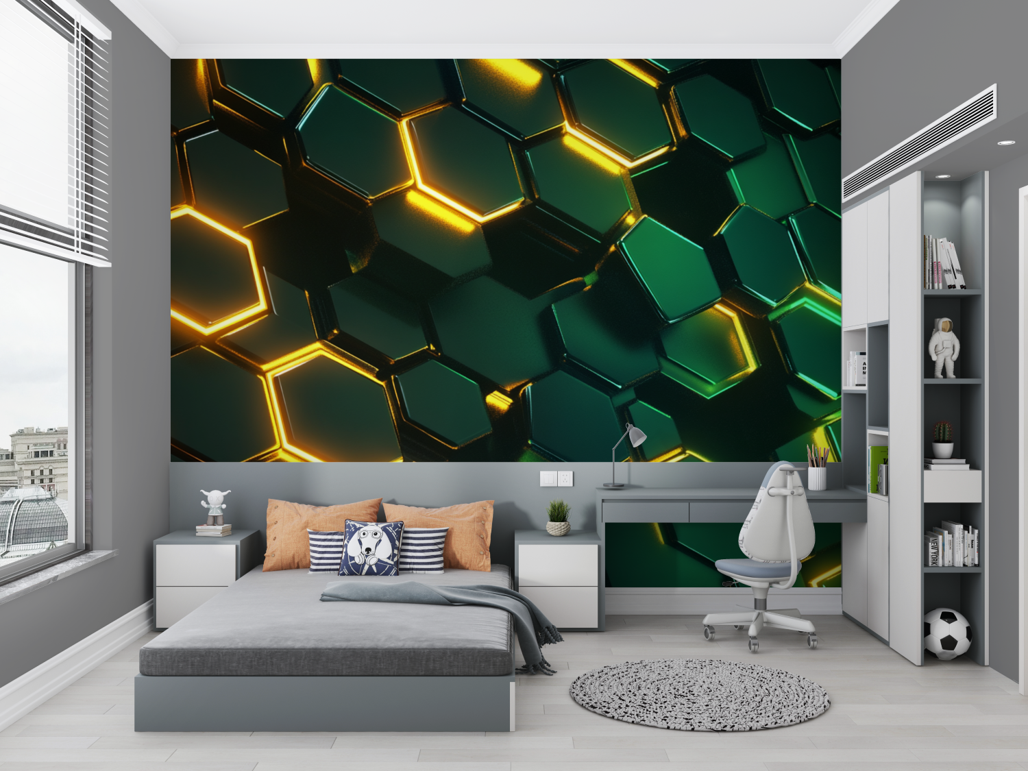 Papier peint hexagones neon vert chambre petit