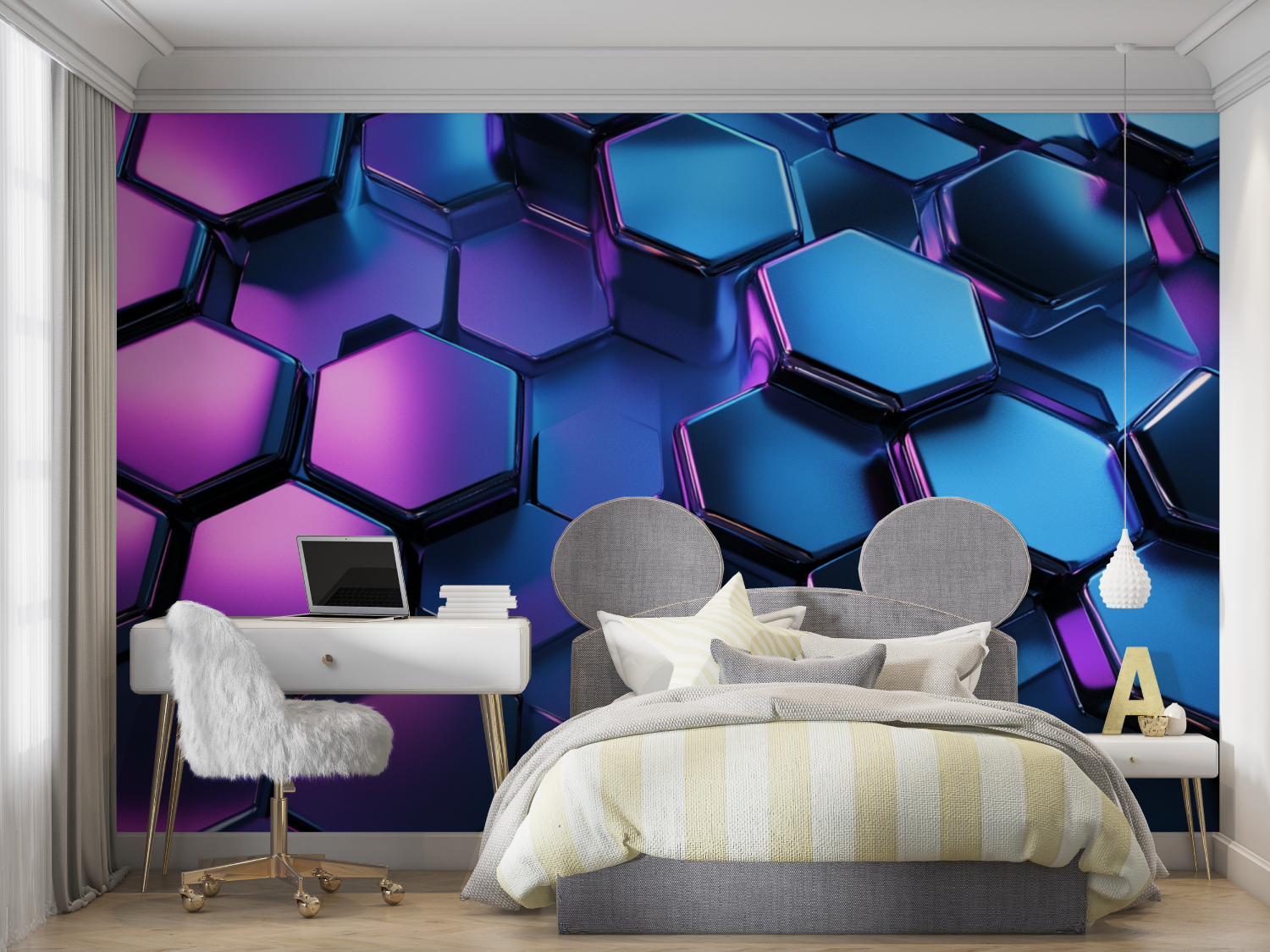 Papier peint hexagones neon bleu mur chambre panoramique