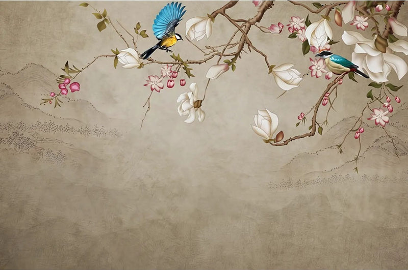 Wallpaper with Birds and Flowers