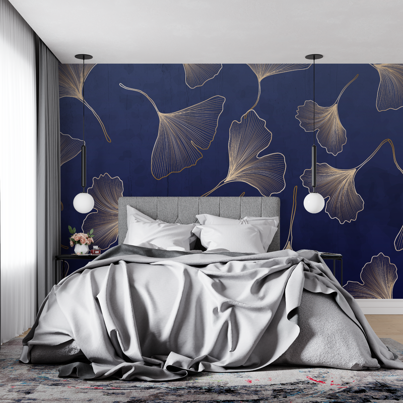 Papier Peint Ginkgo Bleu - tendance mur