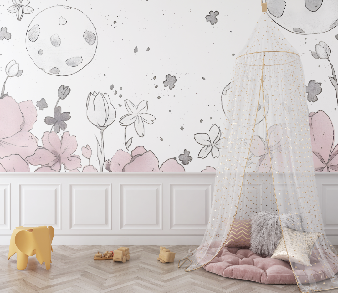 Papier peint dessin fleurs pour bébé - chambre de bebe