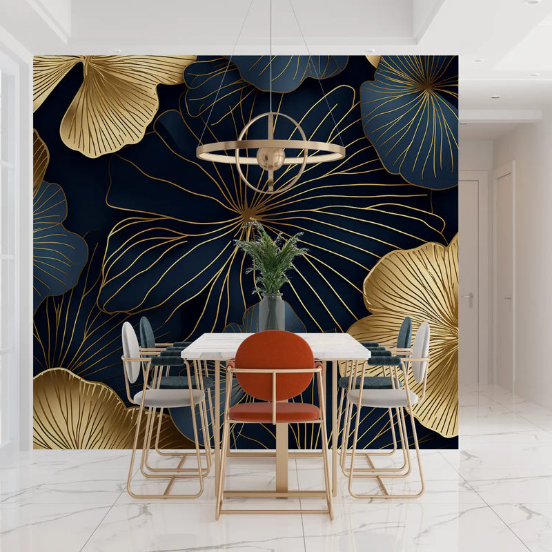 Papier Peint Art Déco Bleu Grosses Fleurs Doré - tendances