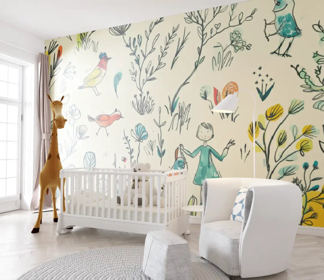 Papier peint bébé Oiseaux dessinés - chambre de bebe