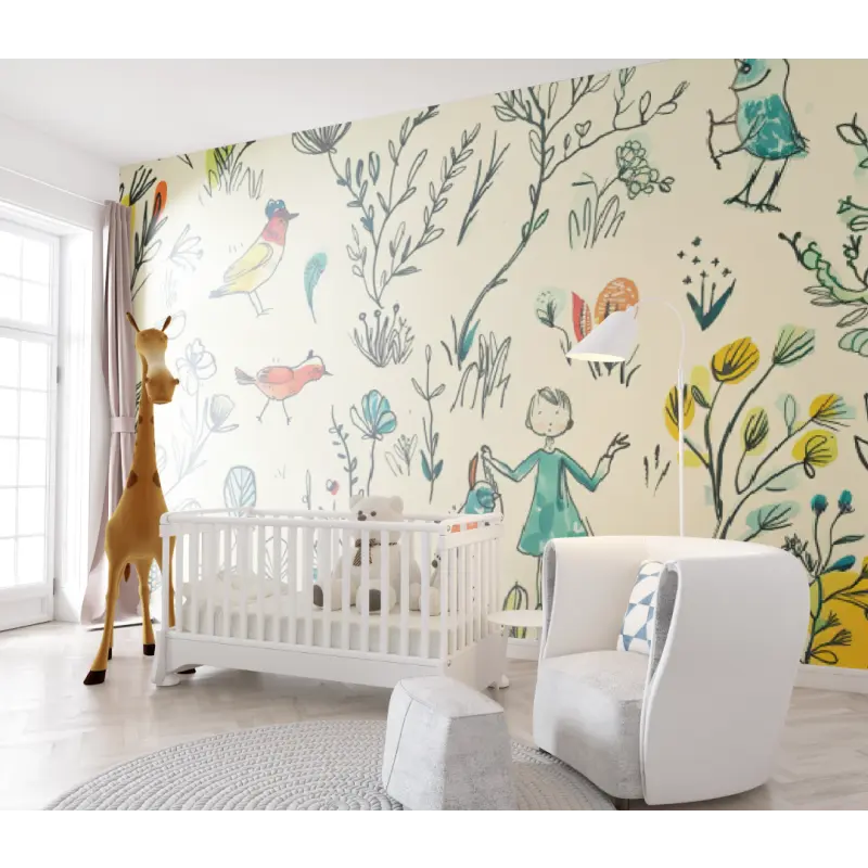 Papier peint bébé Oiseaux dessinés - chambre de bebe