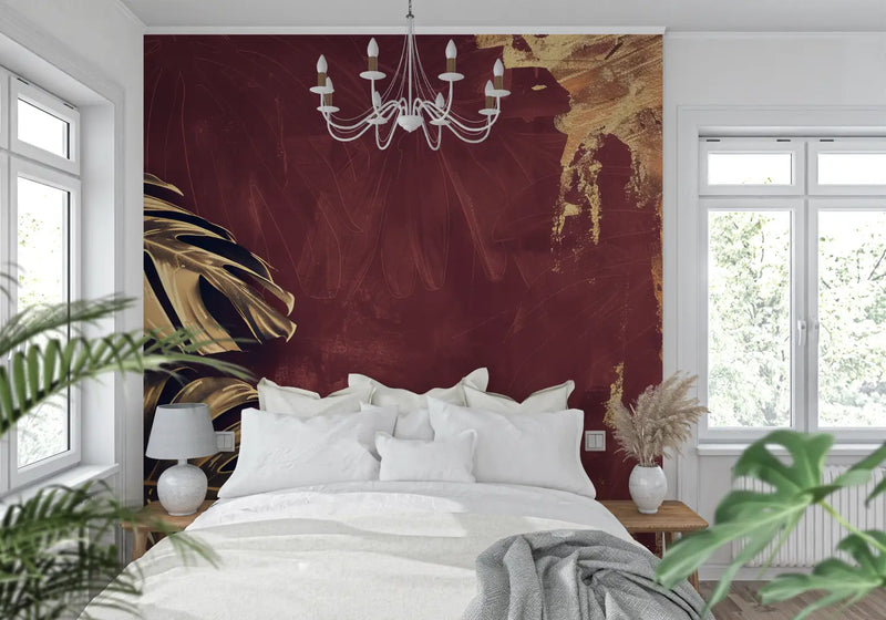 Papier Peint Bordeaux Feuille Or - tendance mur