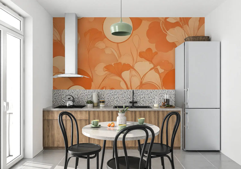 Papier Peint Fleur Orange Vintage - mur cuisine