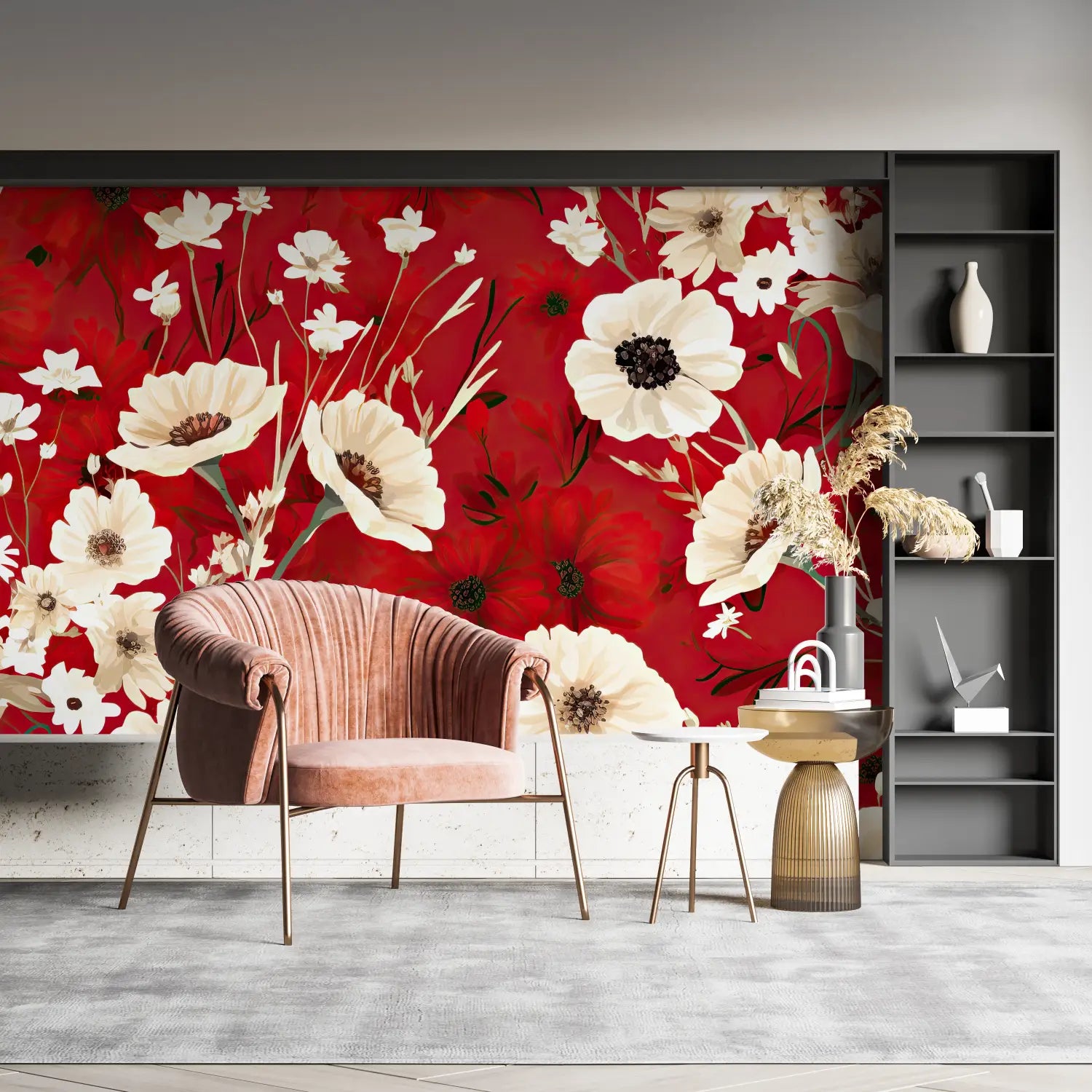 Papier Peint Fleuri Rouge - mural