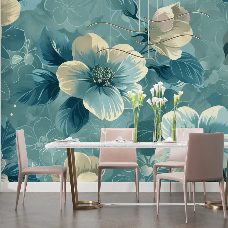 Papier Peint Fleurs Bleu Canard - chambre adulte