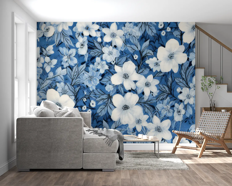 Papier Peint Fleurs Fond Bleu - tendance 2024