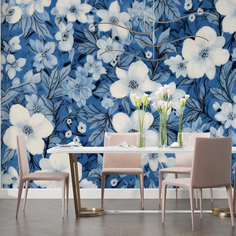 Papier Peint Fleurs Fond Bleu - chambre adulte