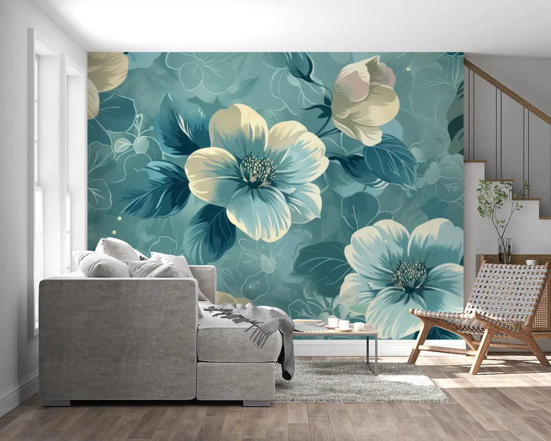 Papier Peint Floral Bleu Canard - salon