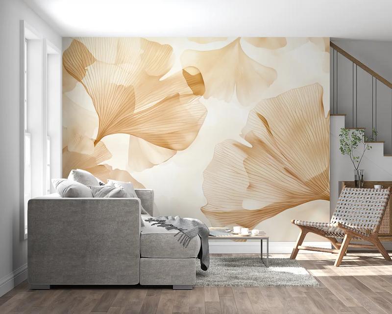 Papier Peint Ginkgo Beige Doré - chambre adulte