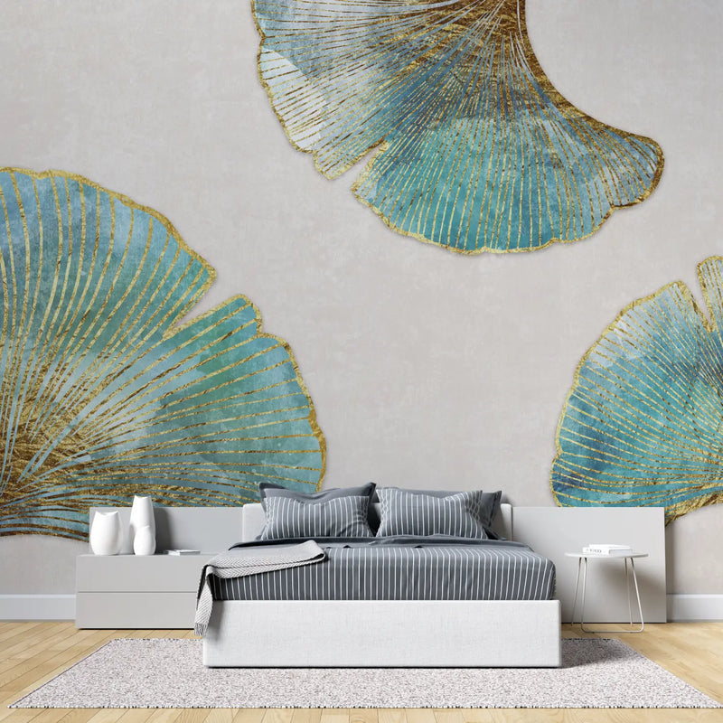 Papier Peint Ginkgo Doré Bleu - tendance 2024