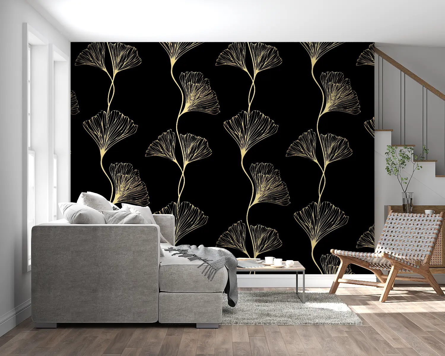 Papier Peint Ginkgo Doré Motif - chambre adulte