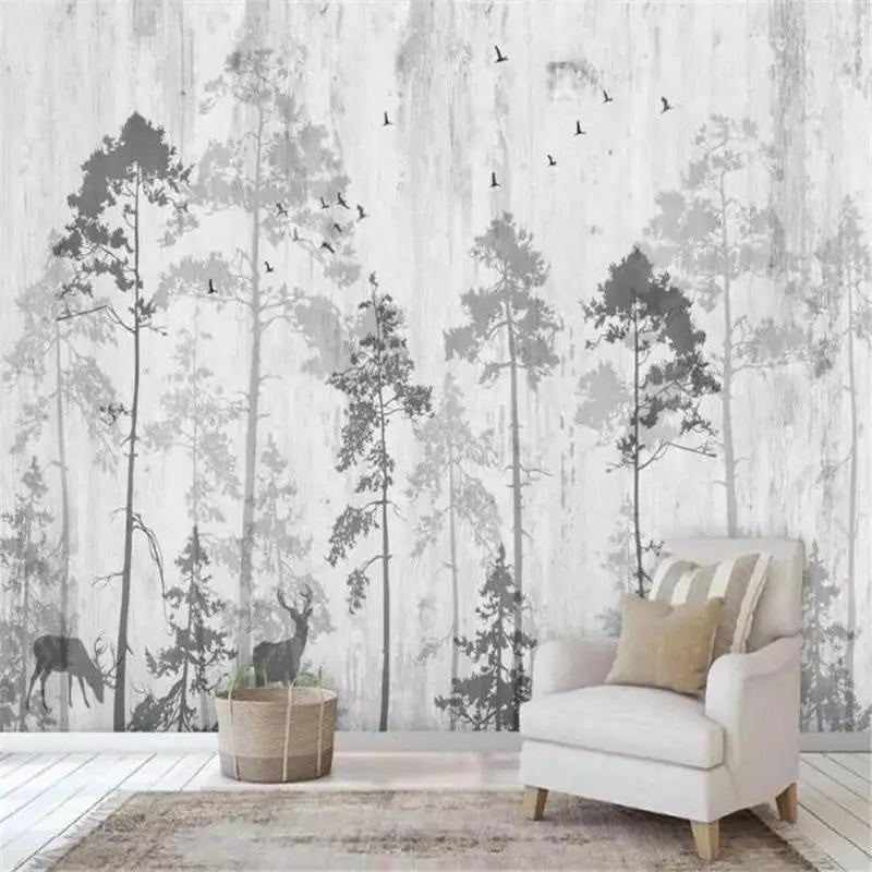 Papier Peint Motif Arbre Noir et Blanc