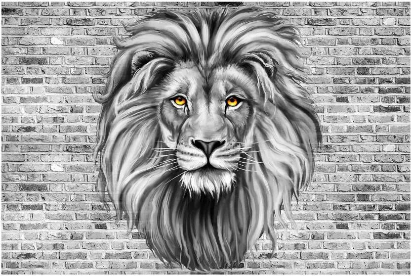 Black and white wallpaper lion trompe l'oeil