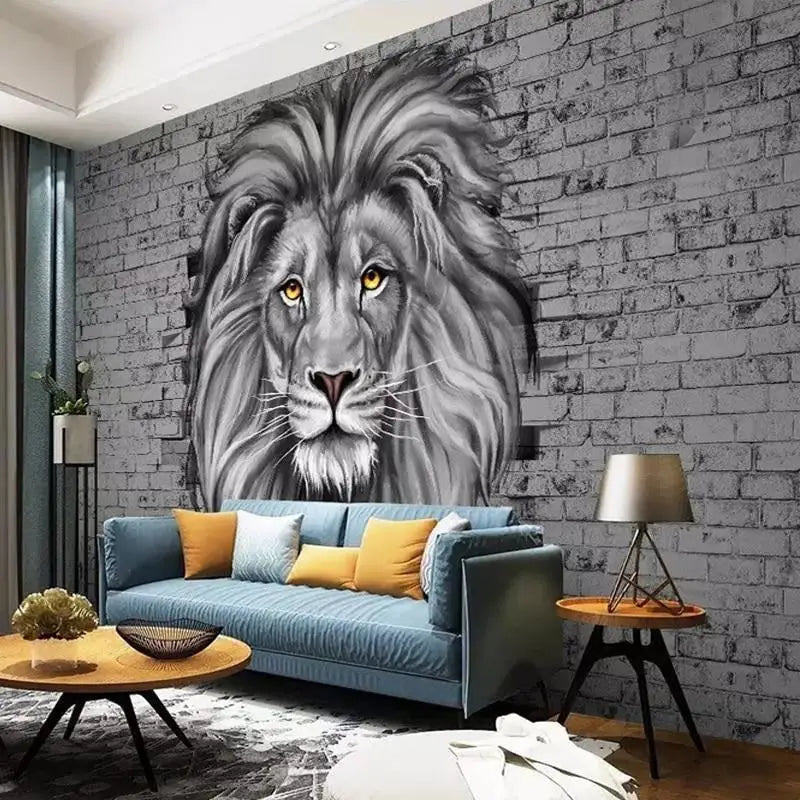 Black and White Lion Trompe l’Oeil Wallpaper - Second Image