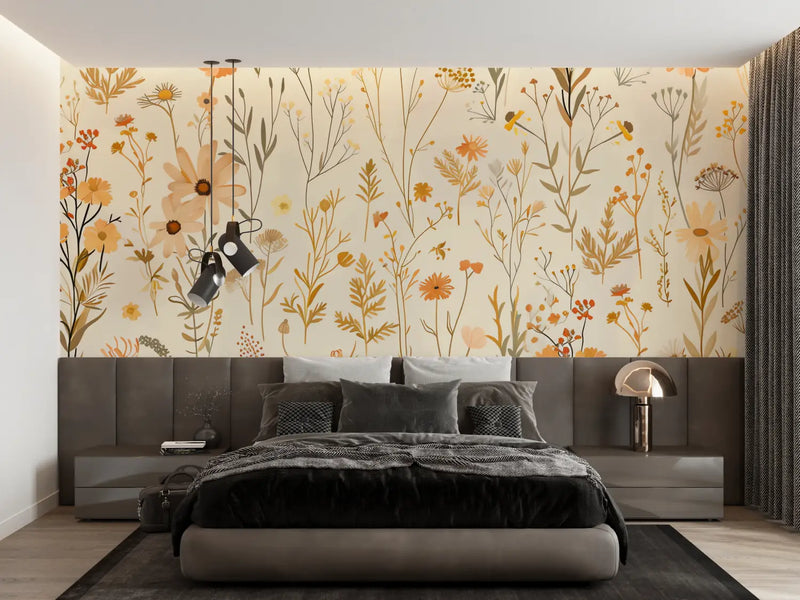 Papier Peint Orange Motif Fleuri - trompe l'oeil