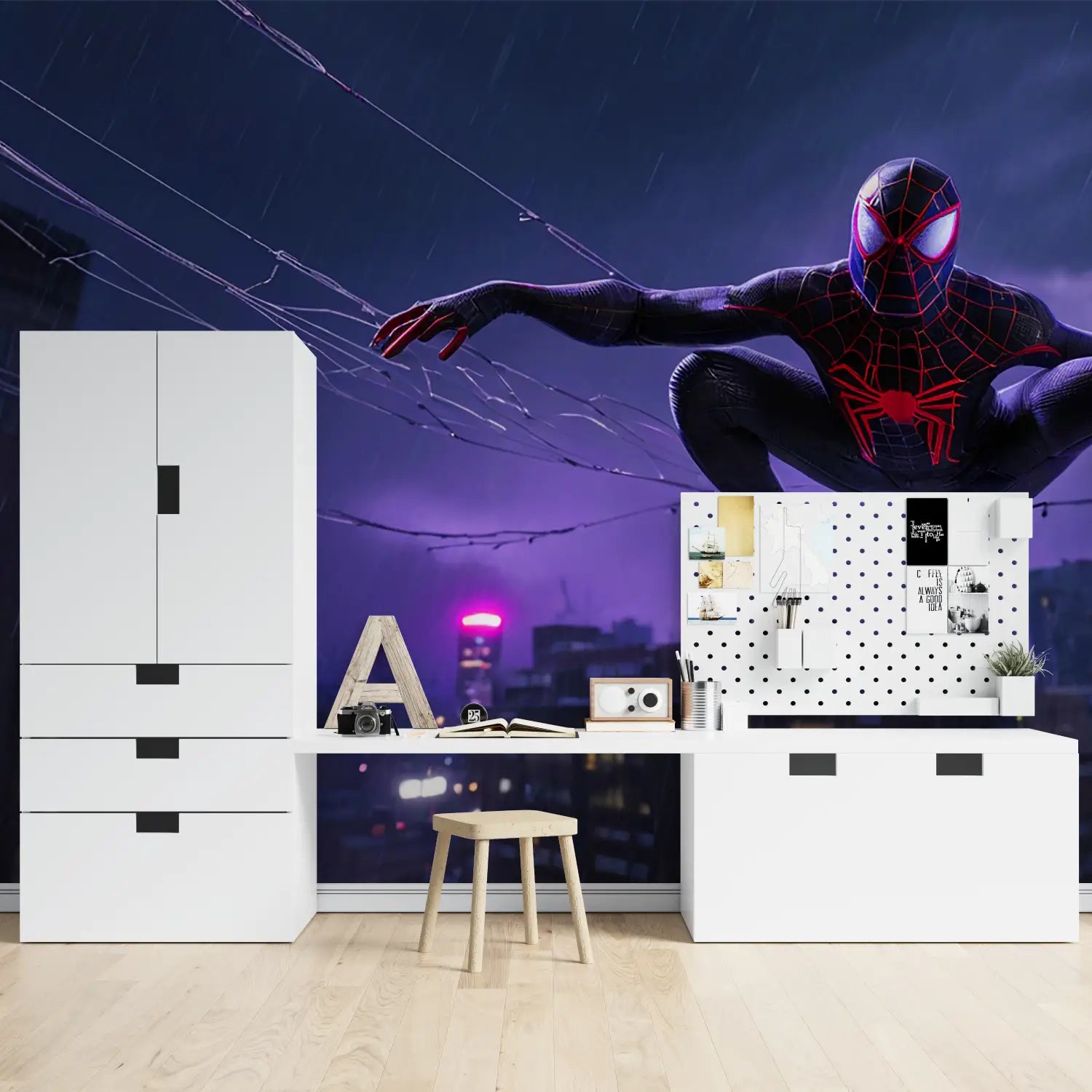 Papier Peint Spiderman Nocturne Pluie - chambre spiderman