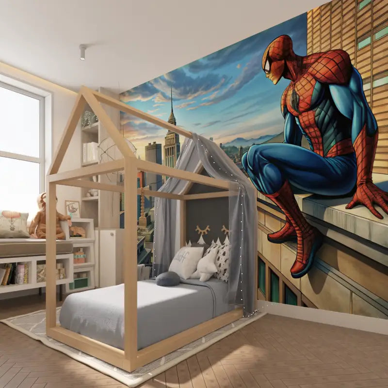 Papier Peint Spiderman Vintage - chambre garçon lit