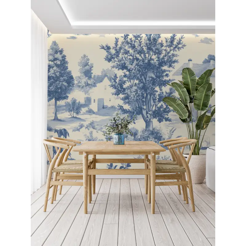 Papier Peint Toile De Jouy Bleu Art - francais