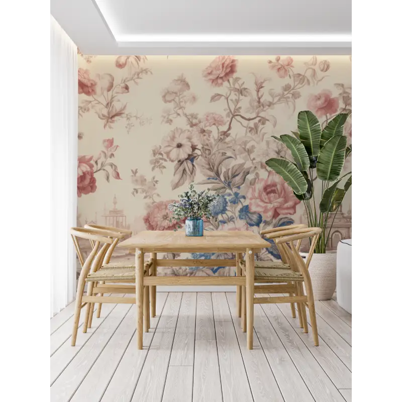 Papier Peint Toile De Jouy Bleu Rose - panoramique tendance