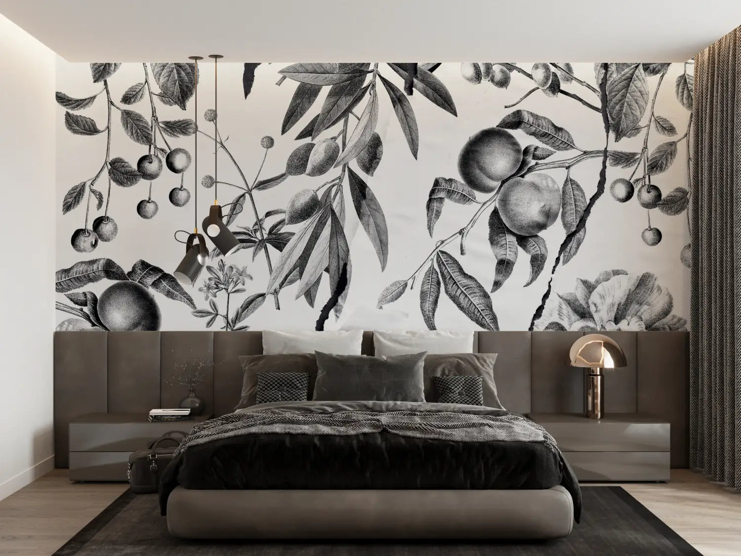 Papier Peint Toile De Jouy Design Noir Blanc - trompe l'oeil