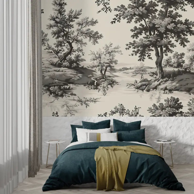 Papier Peint Toile De Jouy Gris - panoramique tendance