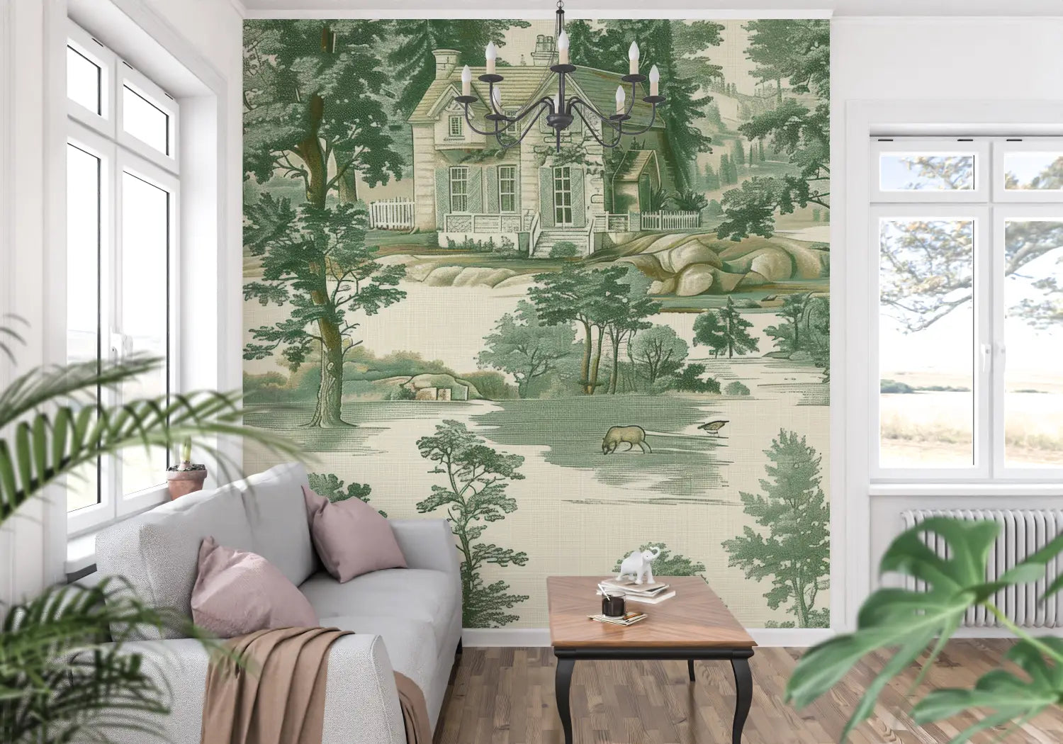 Papier Peint Toile De Jouy Paysage Vert - panoramique tendance