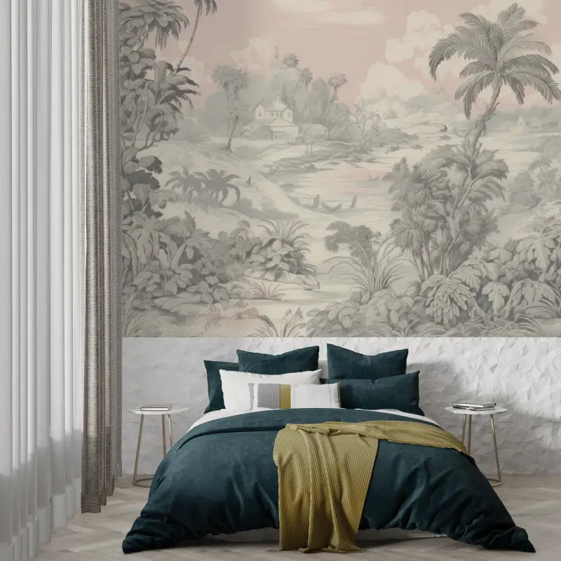 Papier Peint Toile De Jouy Rose Beige - panoramique tendance