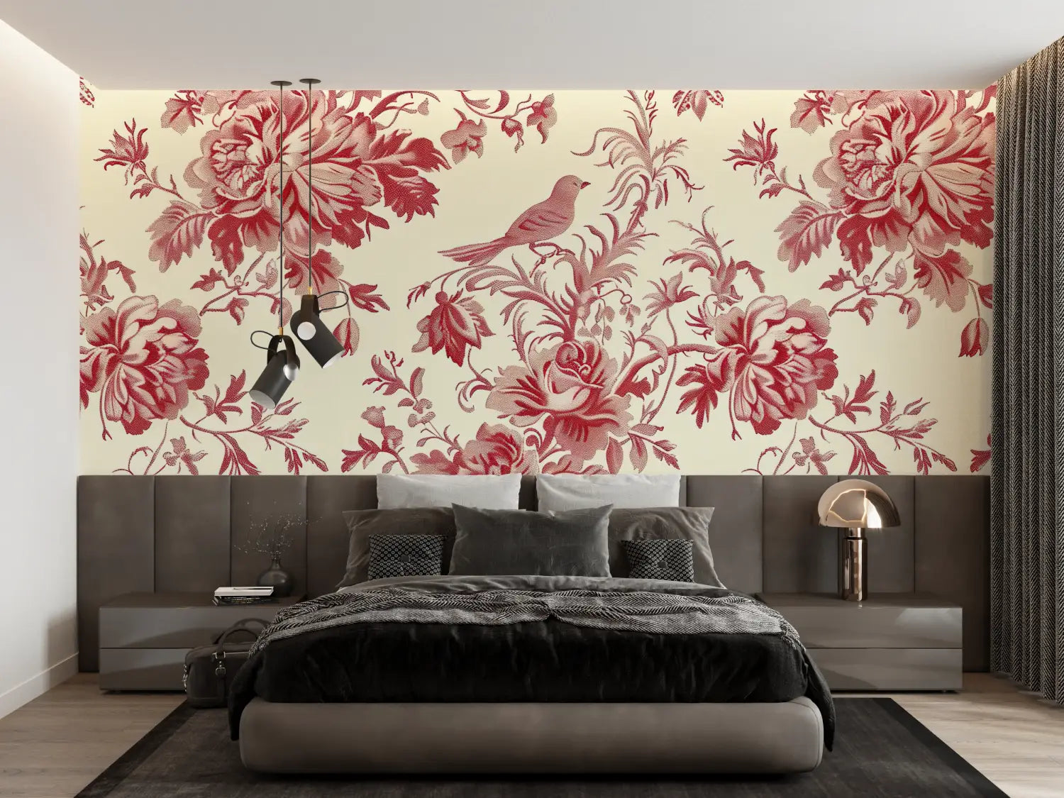 Papier Peint Toile De Jouy Rouge Oiseau - francais