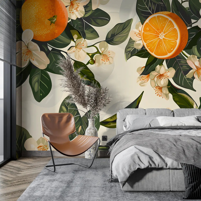 Papier Peint Vintage Arbre Orange - panoramique 4murs