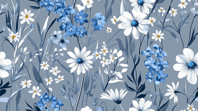 Papier Peint Bleu Fleurs Blanches